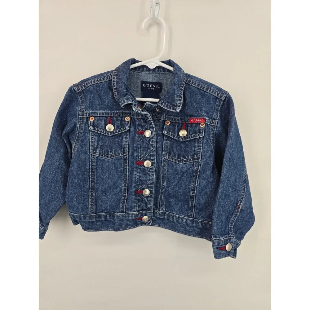 Guess Girls Blue Denim Trucker Jacket Red Stitching Size 4T Cotton Outerwear‎
